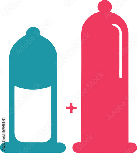 Two stylized condoms, one teal with liquid, one pink, with a plus sign protection safe sex