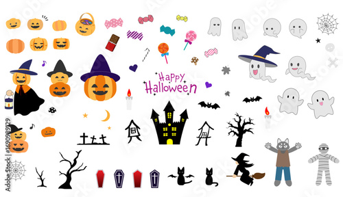 ハロウィンの装飾に使える、カボチャ、おばけ、魔女などのグラフィック素材