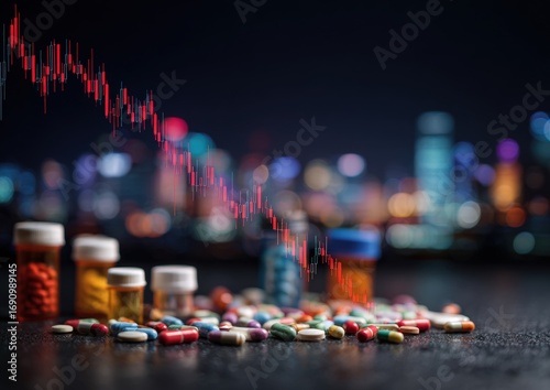 Falling stock chart overlays a cityscape and pharmaceutical products