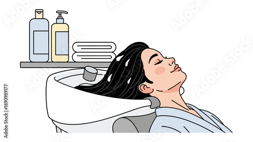 Relaxed woman with eyes closed enjoying a luxurious hair washing experience at a salon with shampoo bottles and towels nearby