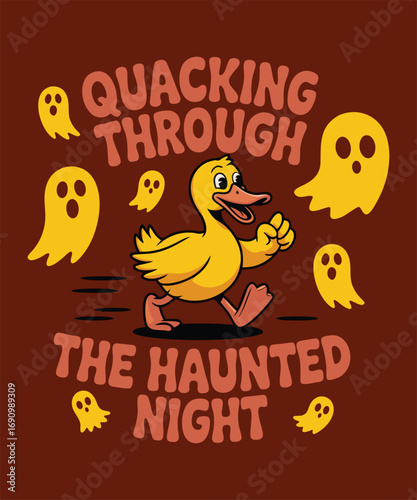 Funny Halloween Duck with Ghosts Cartoon Illustration