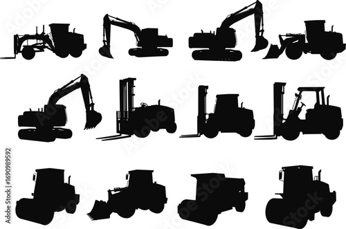 Heavy construction vehicle silhouettes, excavators, forklifts, road rollers, loaders, bulldozers, dump trucks, industrial machinery, black vector illustration, building site equipment