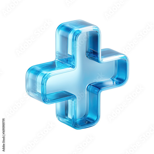 Light-blue, 3D plus sign, glassy appearance
