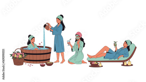 Relaxing spa scene with women enjoying various treatments including bathing in a wooden tub receiving a massage and lounging on a chaise lounge with drinks