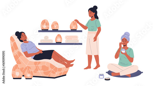 Diverse women enjoying a relaxing spa treatment with himalayan salt lamps and a soothing beverage in a tranquil wellness environment