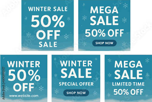 Collection of winter and mega sale banners offering 50% off discounts with 'shop now' and 'buy now' buttons for retail promotions