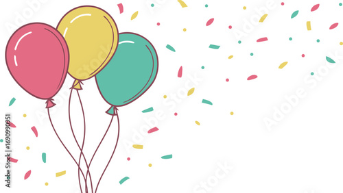 Three brightly colored balloons in pink yellow and teal float upwards amidst a festive scattering of confetti