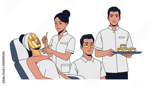 Aesthetician applying a golden facial mask to a relaxed woman in a spa chair while a male assistant offers a tray of beauty products