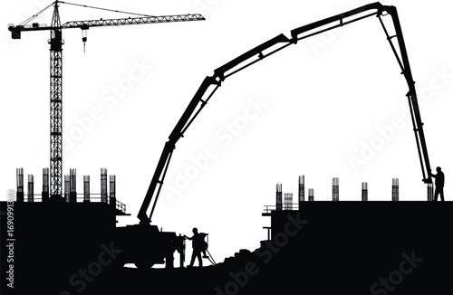 Construction workers operating concrete pump truck, tower crane, heavy machinery, black silhouette vector illustration, building site teamwork, civil engineering