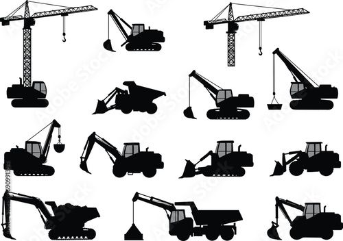 Heavy construction equipment silhouettes, cranes, excavators, bulldozers, loaders, dump trucks, industrial machinery, black vector illustration, building site vehicles, civil engineering
