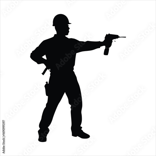 Silhouette of a construction worker holding a drill and a handgun