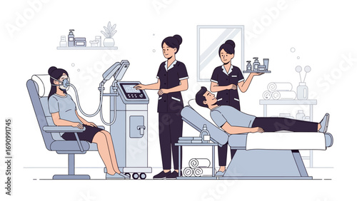 Two professional beauticians performing a modern cosmetic procedure on clients in a clean and well equipped beauty salon