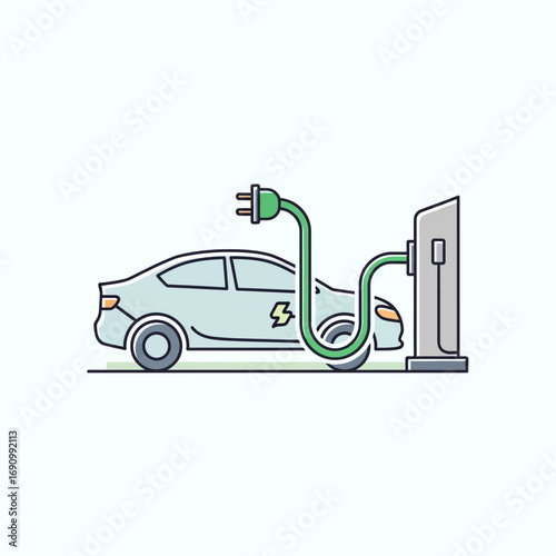 Electric Car at a Charging Station. Sustainable EV transport vector illustration.