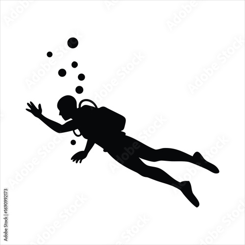 Silhouette of a scuba diver with bubbles ascending