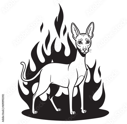 Sleek sphynx cat silhouette in fire symbolising power elegance and mystical presence