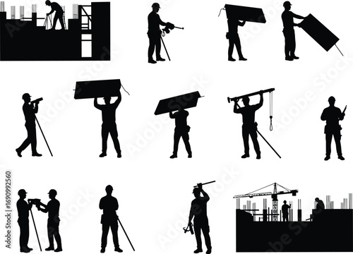 Silhouettes of construction workers with tools, carrying materials, teamwork, black vector illustration, urban building site, civil engineering, heavy equipment operation