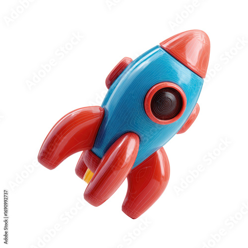Cartoon rocket, glossy blue and red, in flight