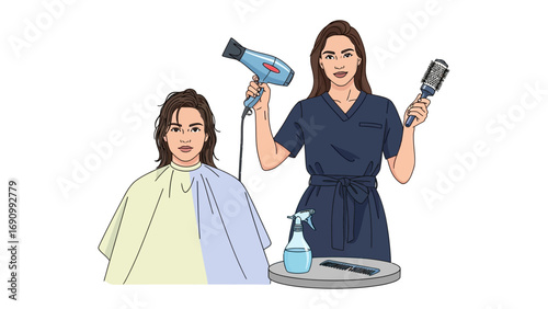 A professional hairstylist with a hairdryer and comb stands next to a client wearing a salon cape ready for a haircut