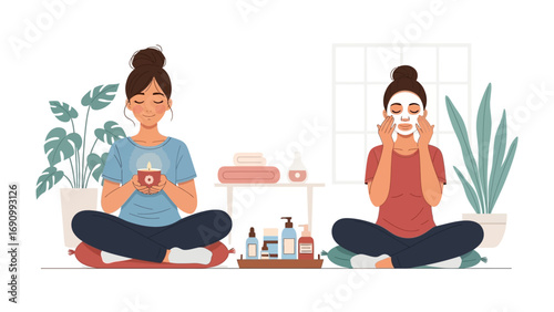 Two women practicing self care and wellness at home applying facial masks and holding candles for relaxation and beauty treatments