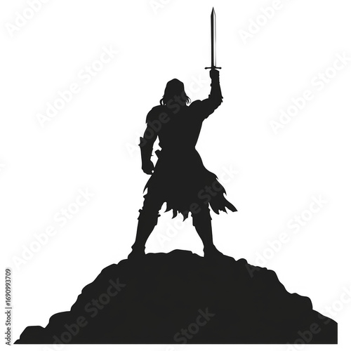 Triumphant Knight: A silhouetted knight, a symbol of valor and resilience, stands atop a craggy peak, raising a sword high in a gesture of triumph and indomitable spirit.