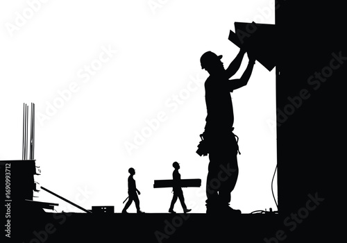 Construction workers silhouettes carrying materials, lifting boards, teamwork on site, vector illustration, industrial labor, black silhouettes, civil engineering, urban development
