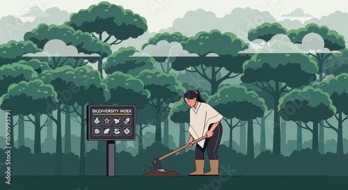 Illustration of a woman gardening near a biodiversity index sign in a lush forest advocating