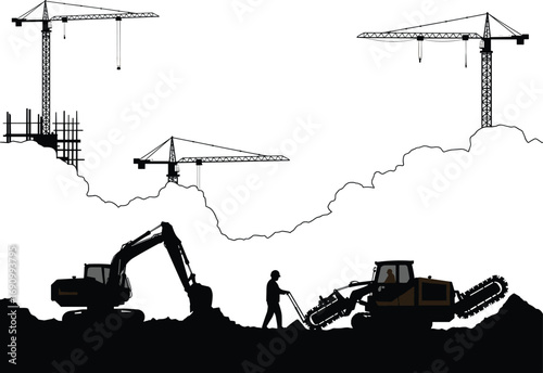 Construction site silhouettes with cranes, excavator, worker and bulldozer, heavy equipment operation, black industrial vector, civil engineering, urban development, building construction scene