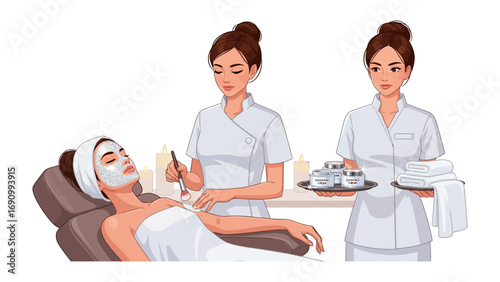 Two professional beauticians applying a facial mask to a relaxed woman receiving spa treatment in a clean modern salon environment