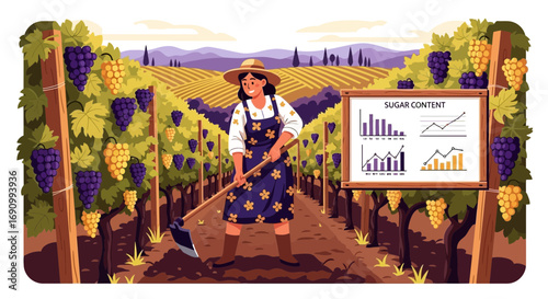 Grape farmer tending to her vineyard with data analysis board displaying sugar content information
