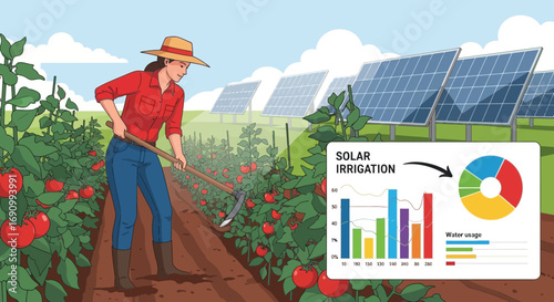 Illustration depicting a female farmer working in a tomato field powered by solar panels promoting