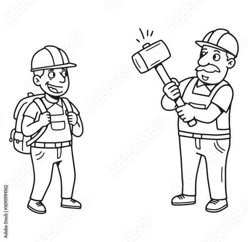 Two construction workers cartoon illustration black and white vector in hard hats and overalls