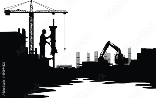 Construction silhouettes with cranes, piling machine, excavator, workers, heavy equipment, vector illustration, industrial site, civil engineering, urban development, foundation work
