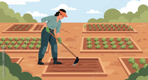 Illustration of a female farmer working in her garden with rows of healthy plants