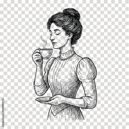 An elegant Victorian lady savoring a hot steaming beverage vintage illustration