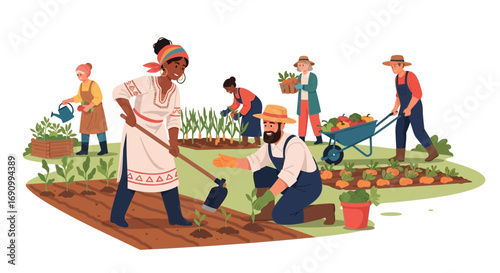 Illustration of diverse community members working together in a vibrant organic garden