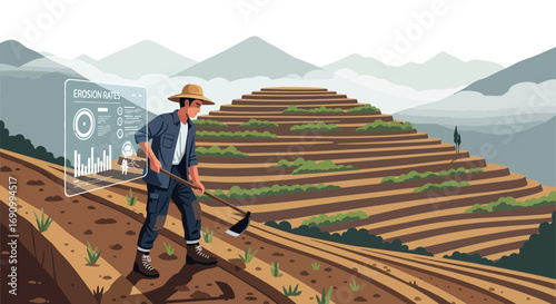 Smart farming on terraced hillsides featuring data analytics and modern agricultural practices