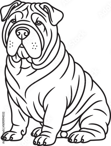 Wrinkly shar pei dog sitting portrait outline drawing friendly pet
