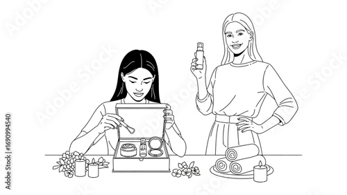 Two young women excitedly unboxing a beauty product set one holding a bottle the other examining contents of an open box celebrating a new purchase