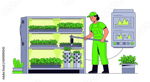 Illustration depicting a modern vertical farm with automated growing and monitoring system