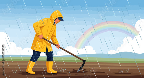 Farmer working the field in rainy weather with rainbow backdrop illustration