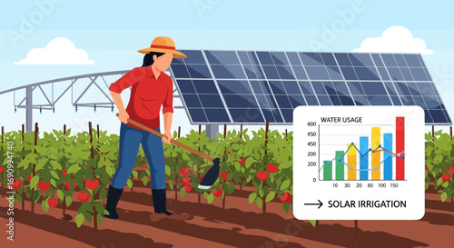 Illustration showcasing woman farming with solar panel irrigation and water usage analysis