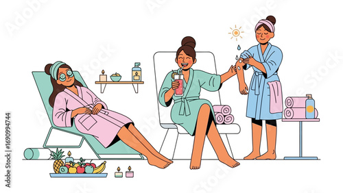 Three women in fluffy robes enjoying a spa day with manicures facials and relaxation in a bright airy salon setting