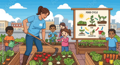 Illustration depicting a community garden with adults and children learning about food cycles and