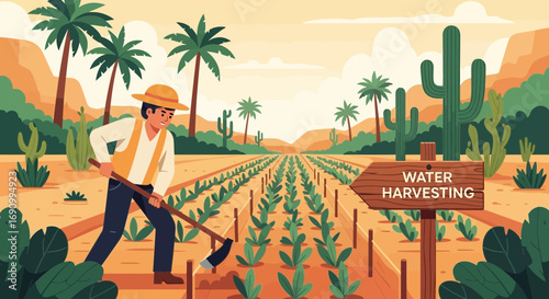 Illustration depicting sustainable agriculture with water harvesting techniques in a desert setting