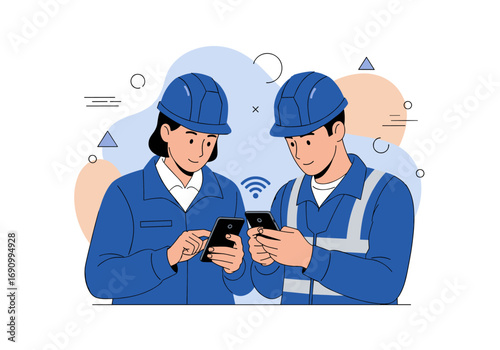 Two construction workers in hard hats and safety vests using smartphones with wifi signal icon between them
