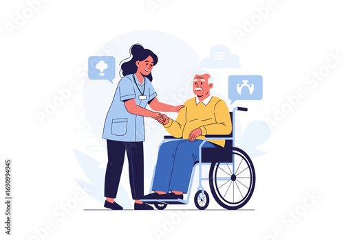 Caring for the elderly patient in a wheelchair with dedicated health professional assistance