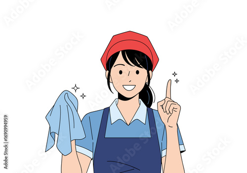 Young woman with cleaning cloth and apron raising her finger in a gesture of a bright idea