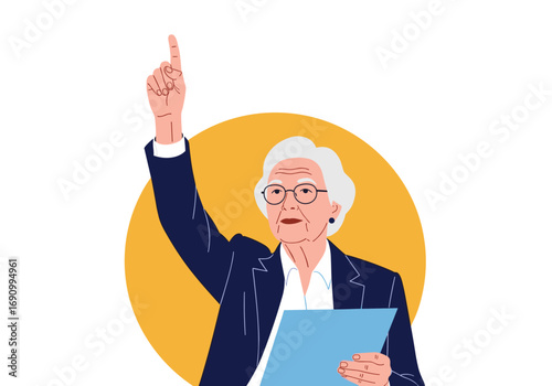 Elderly woman in business attire points upwards with determination and holds a folder