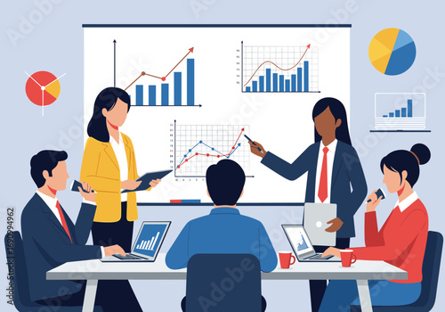 Team meeting analyzing business growth trends and financial performance with data visualization tools