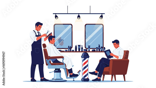 Professional barber in apron styling client s hair in chair with barber pole and mirror in modern salon interior
